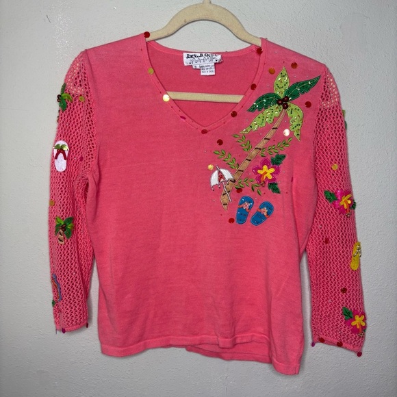 Vintage Jack B. Quick Pink V-Neck Sweater with Tropical Embellishments - Picture 1 of 6
